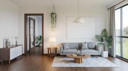 Fototapeta premium Modern living room featuring a couch, coffee table, and plant in a contemporary, empty interior mockup.