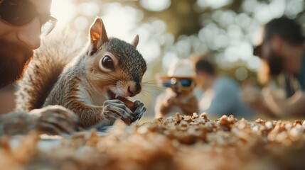Obraz premium A squirrel enjoys a snack while being observed by people on a sunny day in the park, showcasing a delightful scene of wildlife interaction and relaxed outdoor enjoyment.