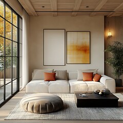  Japandi, scandinavain interior design of modern living room. 