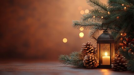 An old lantern with a candle surrounded by pine cones and branches. Nostalgic warm vibe with bokeh effect lights, soothing earthy brown background and copy space.