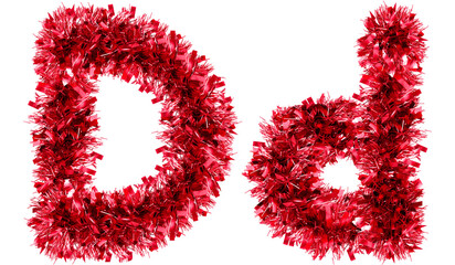 letter D made from New Year's tinsel, isolated Christmas tinsel, tinsel garland