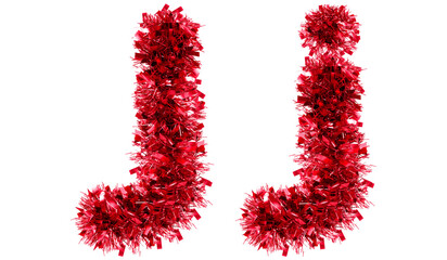 letter J made from New Year's tinsel, isolated Christmas tinsel, tinsel garland