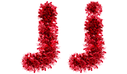 letter J made from New Year's tinsel, isolated Christmas tinsel, tinsel garland
