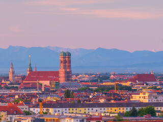 Munchen view at sunrise with Alps on the background