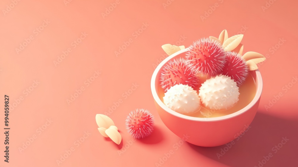 Poster A bowl filled with colorful, textured fruits and decorative elements on a soft background.