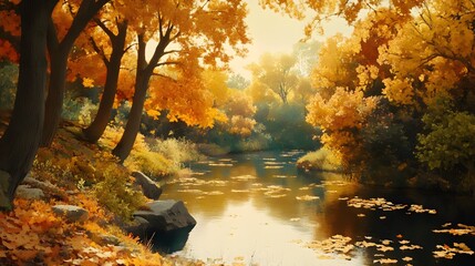 Obraz premium A picturesque autumn landscape, with trees adorned in vibrant hues of orange and red