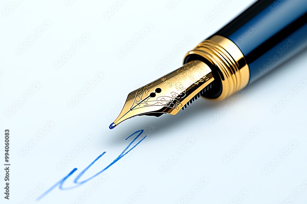Poster a hyper-realistic close-up of a fountain pen writing on smooth paper, with every detail of the ink f