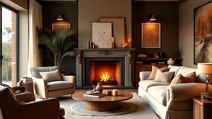 An inviting living room with a cozy fireplace, perfect for relaxation and warmth. The comfortable seating and warm ambiance make it an ideal spot for gathering or unwinding at home.