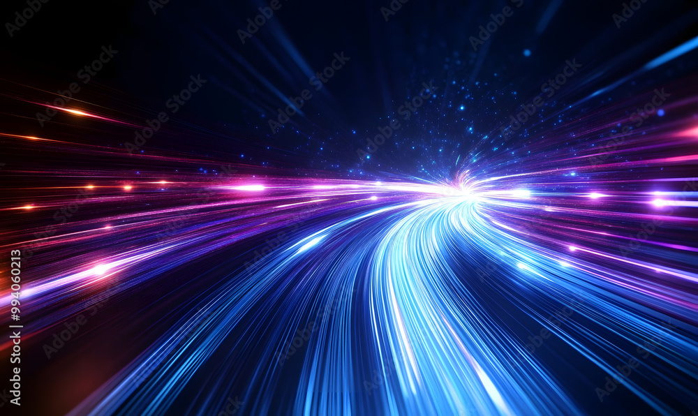 Poster data speed lines on a dark background, representing the concept of optical cables and high internet 