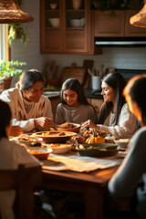family gathering for meal in modern kitchen with traditional foods on table, lifestyle. Native American heritage day concept for design, poster