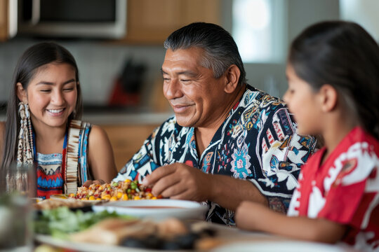 family gathering for dinner in modern kitchen with traditional foods on table, lifestyle. Native American heritage day concept for design, poster