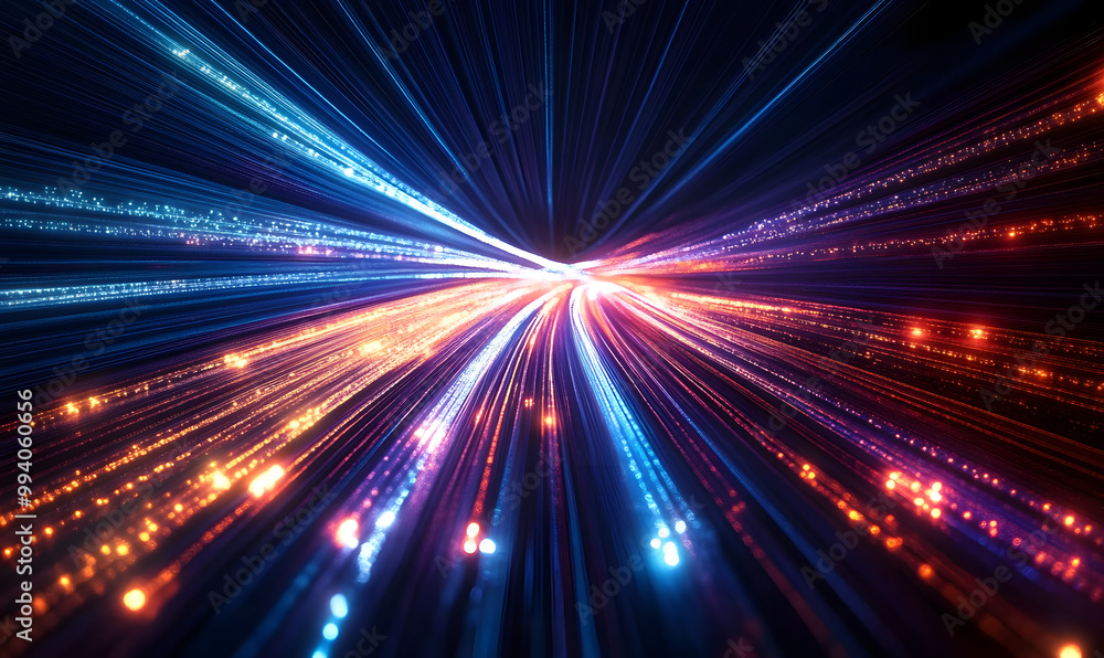 Poster data speed lines on a dark background, representing the concept of optical cables and high internet 