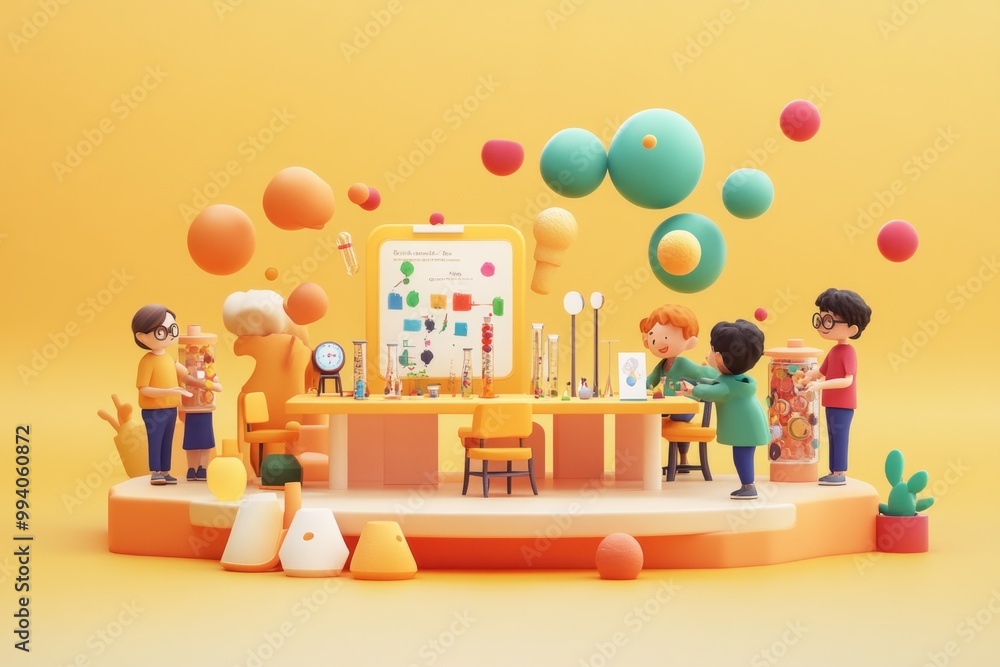 Poster a colorful scene depicting children engaged in a science experiment with various tools.