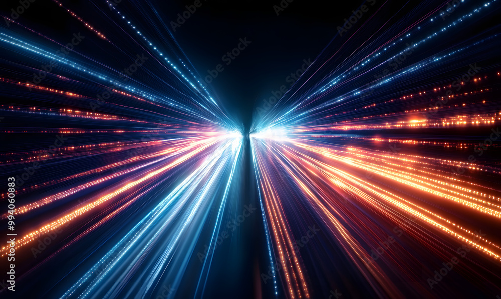 Poster data speed lines on a dark background, representing the concept of optical cables and high internet 