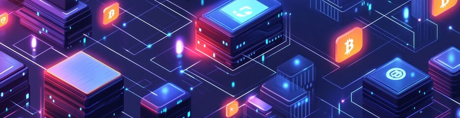 Obraz premium A digital landscape depicting interconnected technology and cryptocurrency symbols.