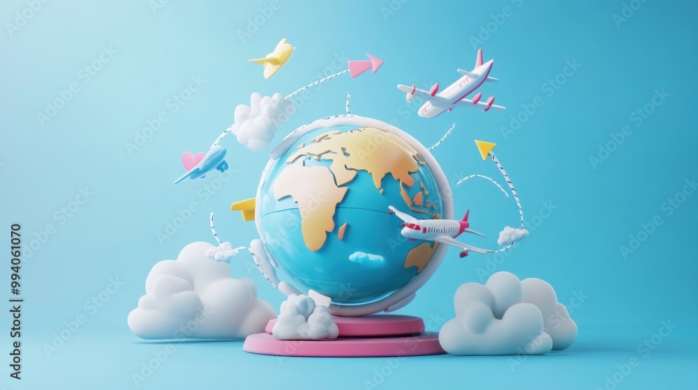 Wall mural A colorful globe surrounded by planes and clouds, symbolizing travel and connectivity.