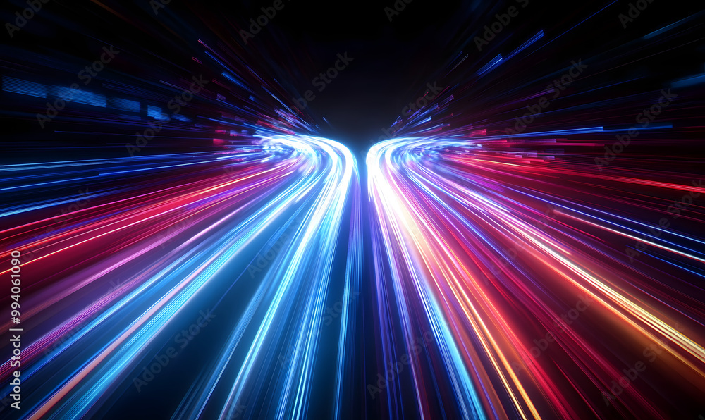 Poster data speed lines on a dark background, representing the concept of optical cables and high internet 