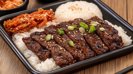Delicious Korean BBQ with Rice and Kimchi