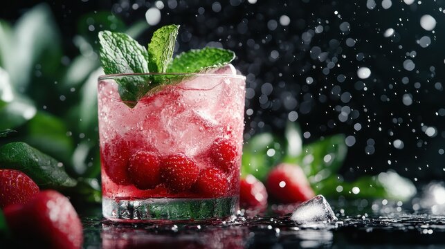 A glass filled with a refreshing raspberry cocktail, adorned with mint leaves and ice, against a background featuring a dynamic splash effect and vibrant colors.