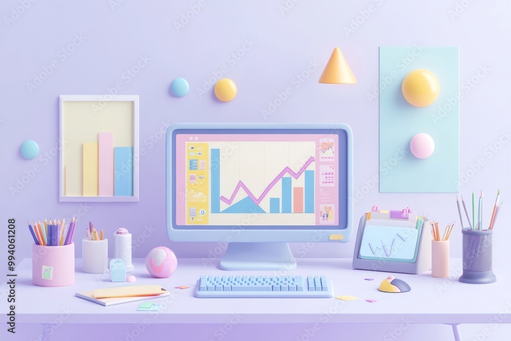 Aufkleber a pastel-themed workspace featuring a computer with graphs and colorful stationery.