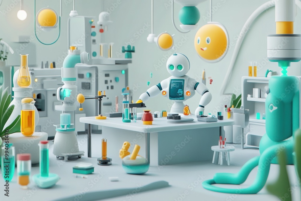 Poster a whimsical laboratory scene featuring a robot conducting experiments with colorful liquids.