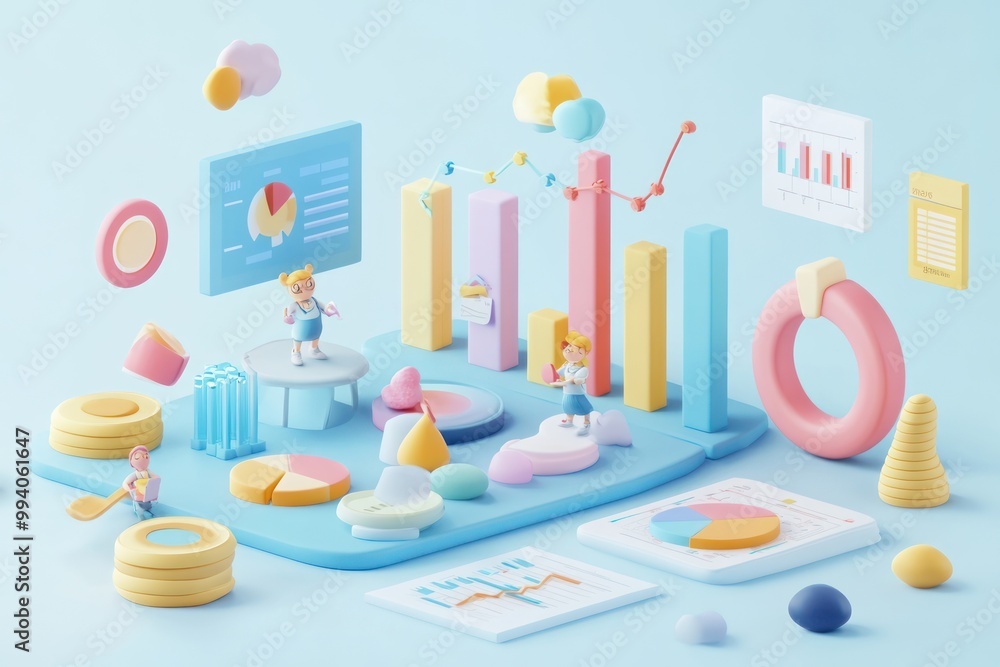 Poster a colorful 3d illustration depicting data analysis and business metrics with playful elements.