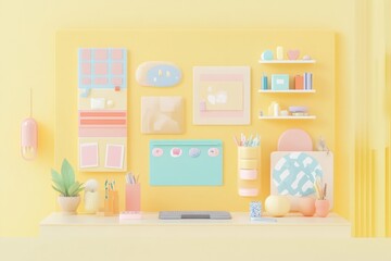 A colorful workspace featuring decorative elements and office supplies on a yellow background.