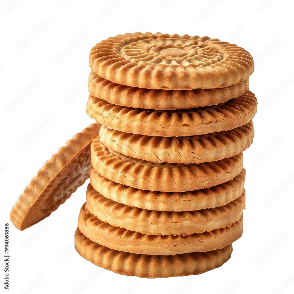 Poster stack of round cookies is sitting on a white background with one leaning against the others