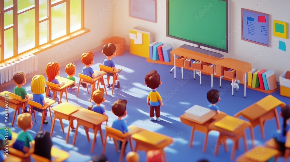 Poster a colorful classroom scene with students and a teacher in a learning environment.