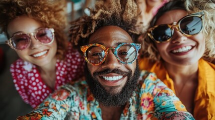 A group of people wearing vibrant outfits, exuding a colorful and joyous vibe, captured with a focus on their unique and stylish appearances in close shot.