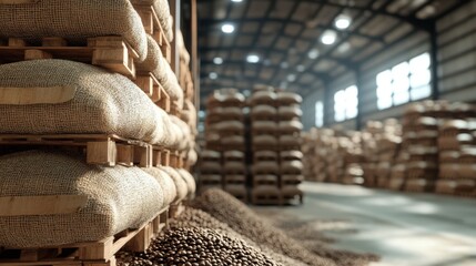 Coffee Beans in Warehouse with Pallet and Sacks