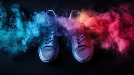 A vibrant pair of sneakers are enveloped in multicolored smoke on a black background, symbolizing dynamic style and energetic urban culture, perfect for fashion brands.