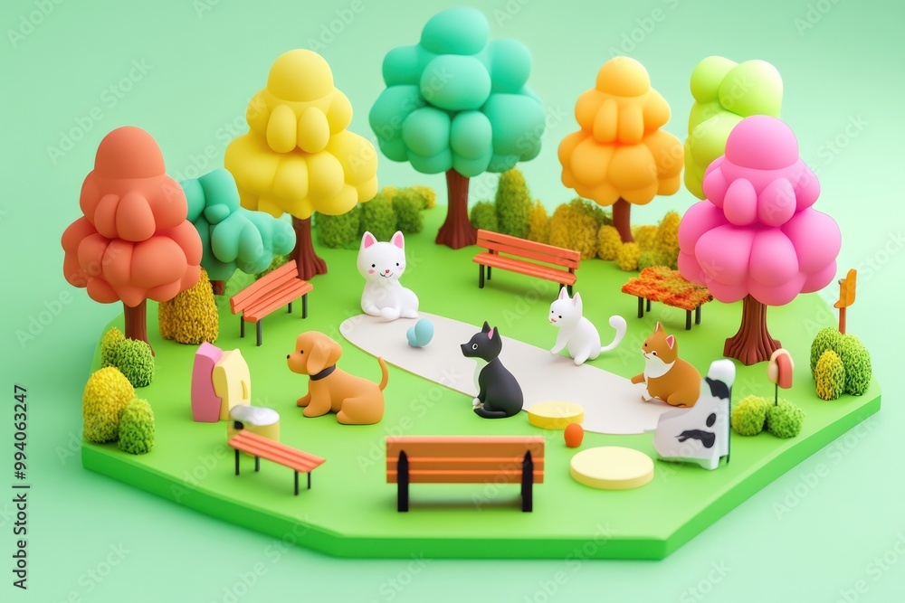 Poster A colorful park scene with playful cartoon animals and trees, designed for fun and leisure.