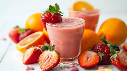 Smoothies with strawberries and oranges alone on a white backdrop