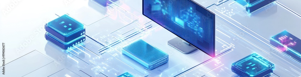 Poster digital illustration of computer components and a monitor, symbolizing technology and innovation.