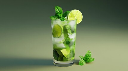 A refreshing cocktail with mint and lime served in a tall glass over ice.
