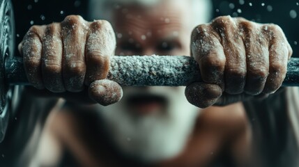 The image features a close-up view of hands firmly gripping a barbell, with chalk powder visible. This image symbolizes strength, preparation, and dedication in weightlifting.