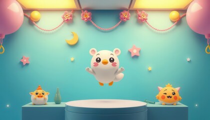 3D cartoon characters with podium for product display.