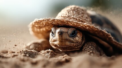 Obraz premium An image showing a turtle wearing a straw hat gazing out over a sandy desert, capturing a moment of contemplation and the vastness of nature's landscape.