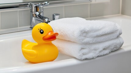 Bright yellow rubber duck fluffy white towels in bathroom