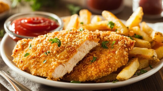 Crispy breaded chicken cutlet with golden french fries ketchup