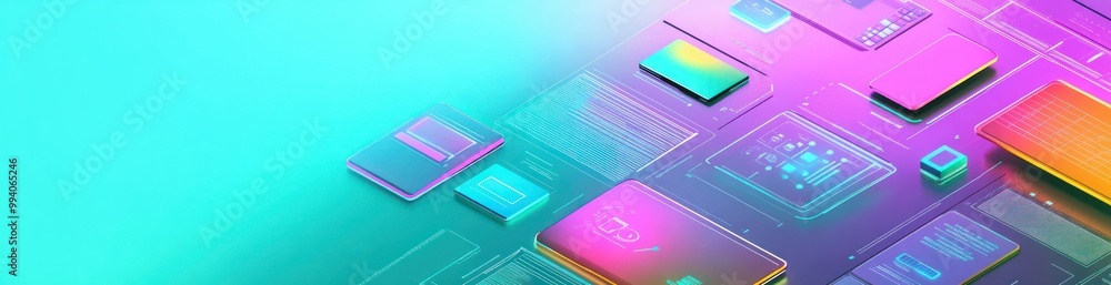 Aufkleber Abstract digital design featuring colorful geometric shapes and circuitry patterns.