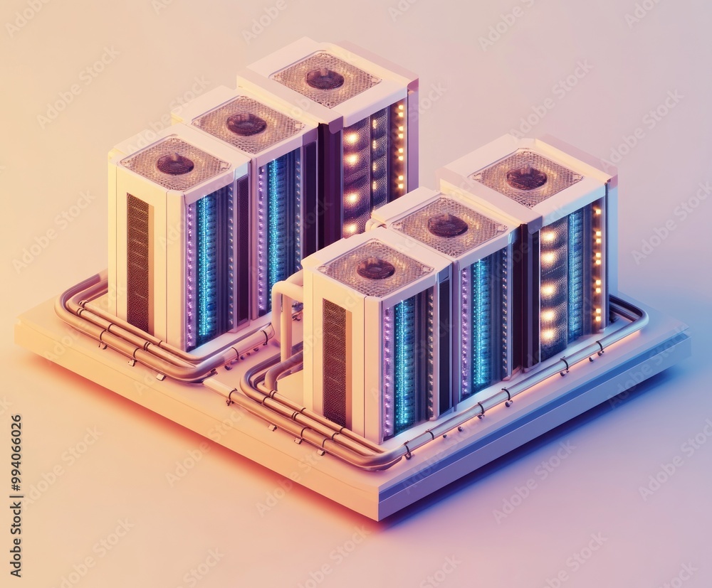 Poster a stylized representation of data center servers with illuminated components.