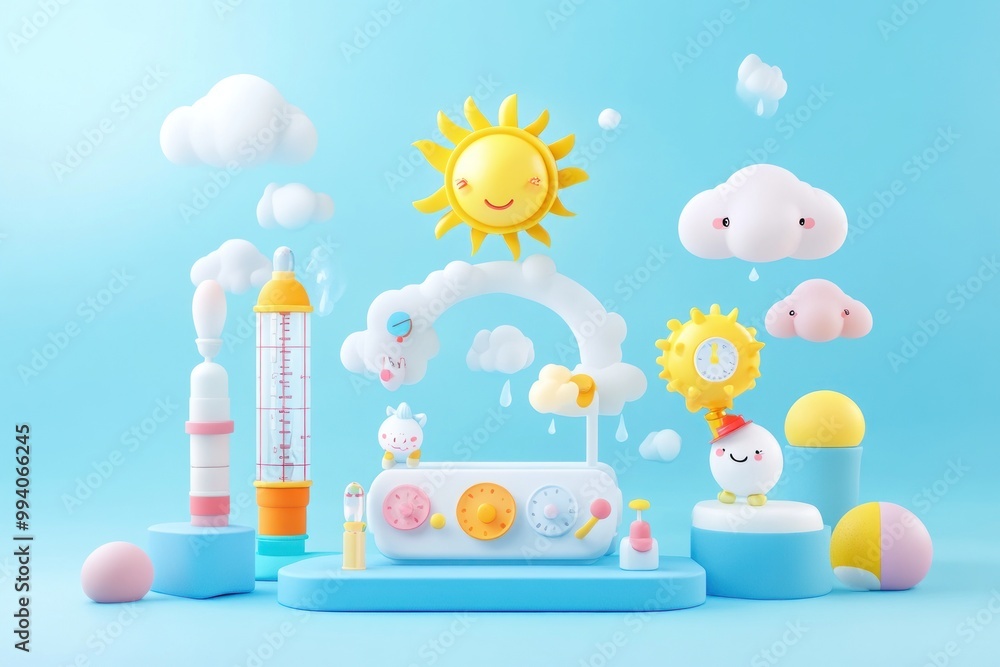 Poster a playful scene featuring cheerful weather elements like the sun, clouds, and a thermometer.