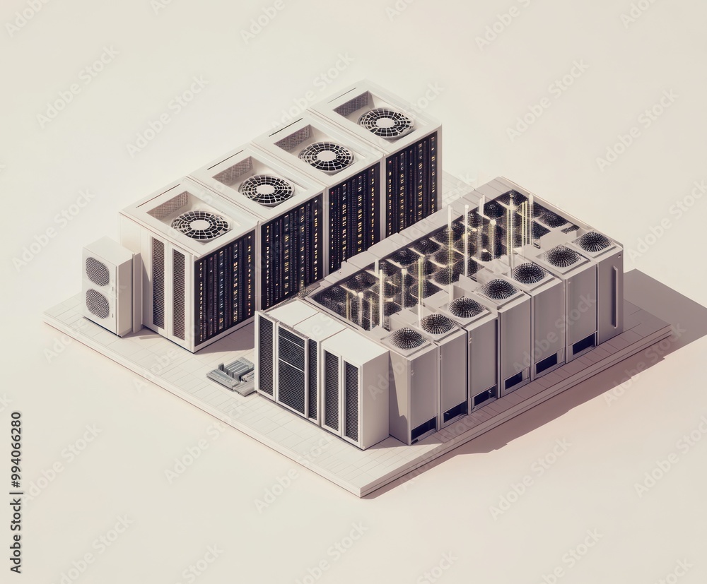 Poster a stylized data center with cooling units and server racks.