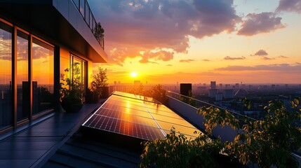 Fototapeta premium Rooftop Sunset with Solar Panels