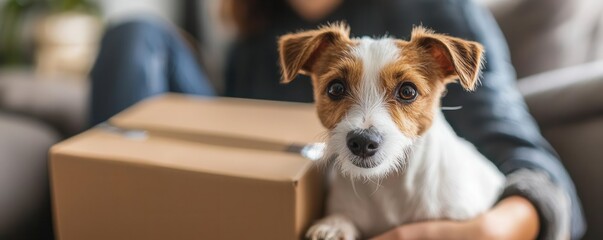 Cute dog sitting beside a cardboard box, home environment