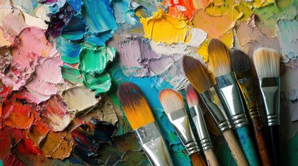 Fototapeta premium Colorful palette of oil paints with artistic brushes