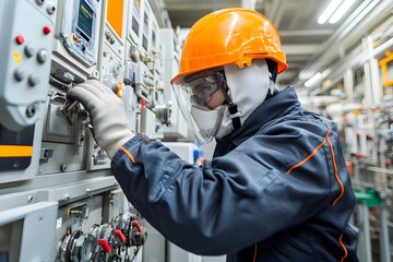 Industrious worker performing maintenance on sophisticated nuclear reactor components surrounded by complex machinery and advanced instrumentation
