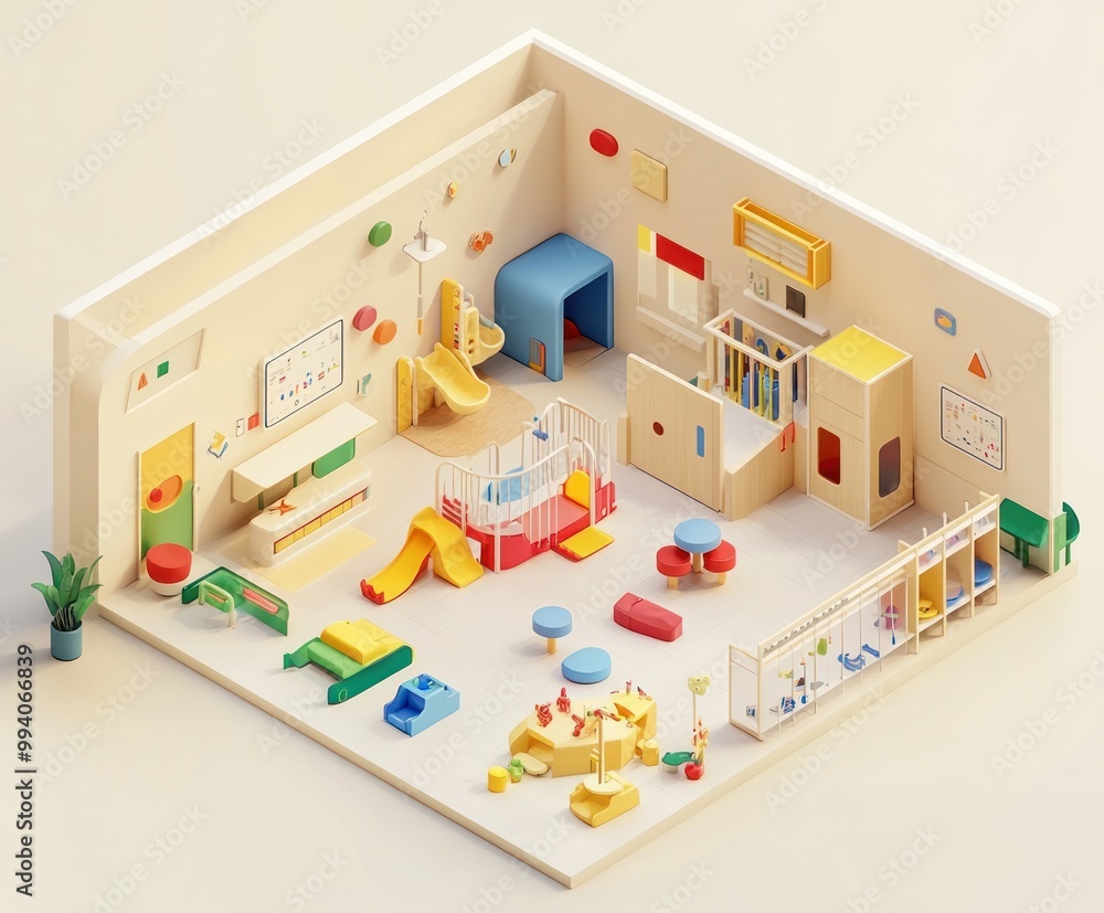 Poster A colorful playroom designed for children, featuring toys, slides, and bookshelves.